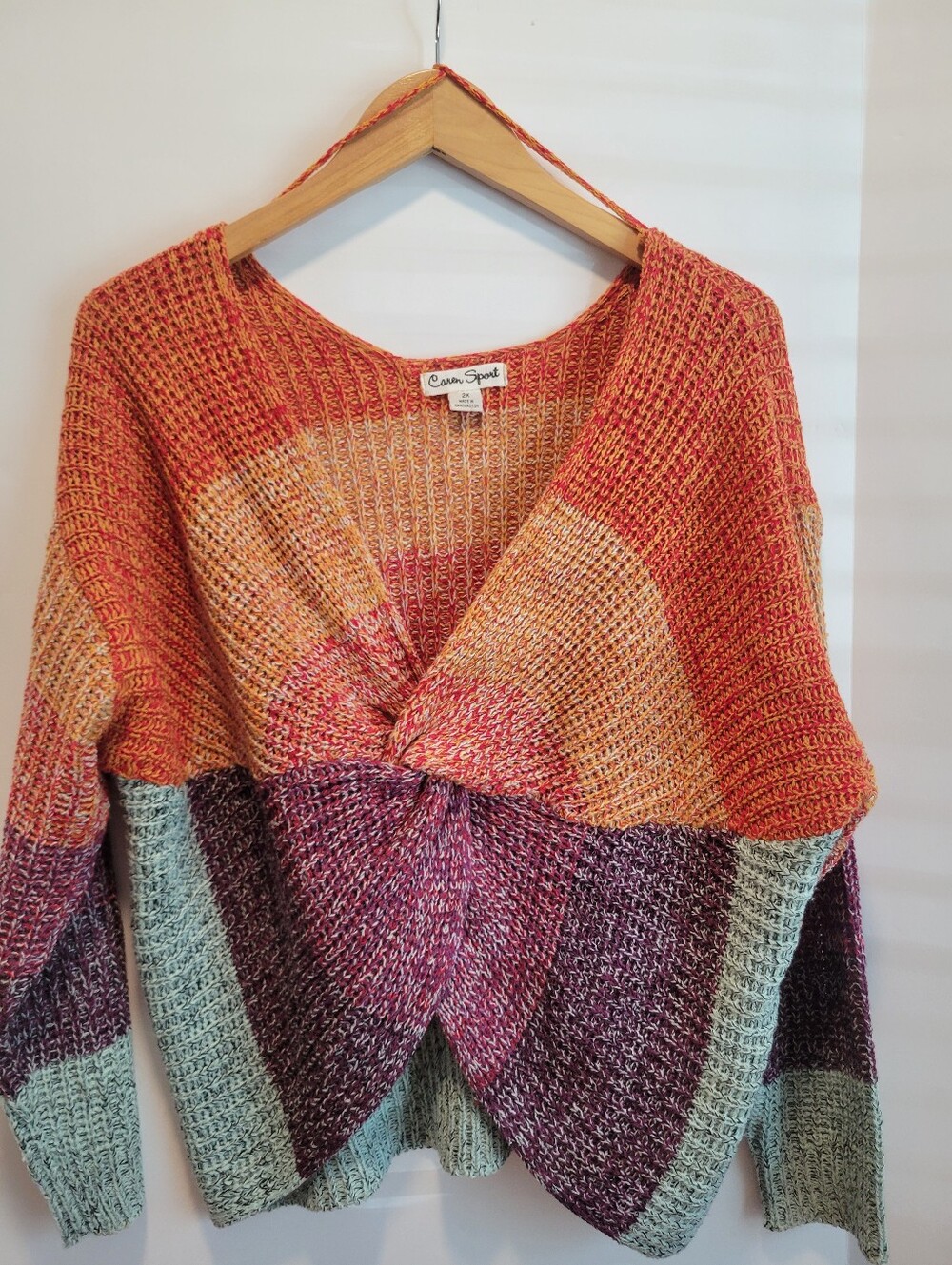 Twist Front Colorblock Sweater 2XL Wide V Neck Multi Color Fall Layering Festiva